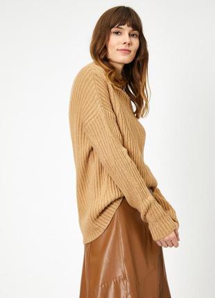 Вязаный свитер джемпер женский теплый зимний удлиненный коричневый верблюжий песочный camel кофта3 фото