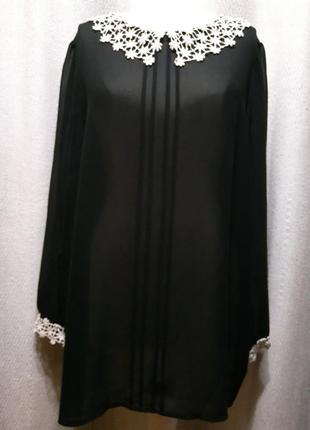 Женская черная шифоновая блуза , блузка с  кружевным воротником. ньюанс1 фото