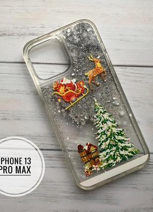 Новорічний чохол для iphone санта олень сніговик дід мороз iphone 13 про макс/ 13 pro max сыпучка блестки