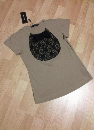 Футболка с кружевом в цвете светло-коричневый/черный