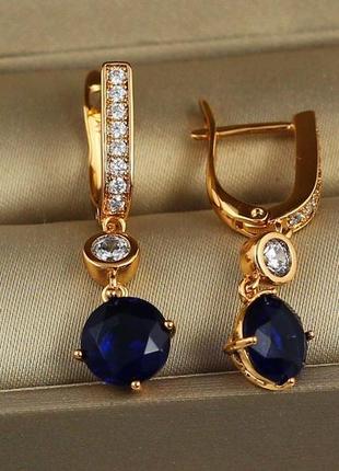 Серьги подвески xuping jewelry с синим круглым камнем 3.1 см золотистые2 фото