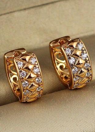 Серьги xuping jewelry ромбики по краям фианиты 1.5 см  золотистые