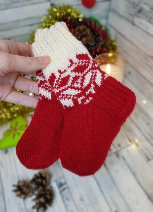 Шкарпетки теплі шерстяні новорічні дитячі в'язані спицями 3-4 роки handmade