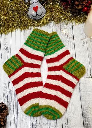 Шкарпетки теплі шерстяні новорічні дитячі в'язані спицями 5-6 роки handmade