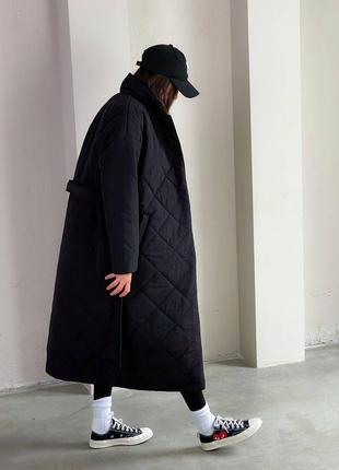 Куртка пальто стёганое длинное с поясом молоко черное кэмел коричневое осень зима6 фото