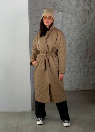 Куртка пальто стёганое длинное с поясом молоко черное кэмел коричневое осень зима7 фото