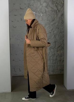 Куртка пальто стёганое длинное с поясом молоко черное кэмел коричневое осень зима2 фото