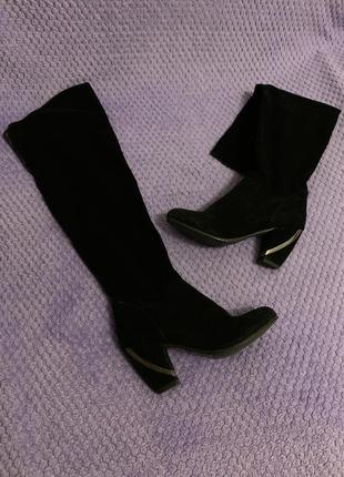 Ботфорти чоботи замшеві чорні на товстому підборі1 фото