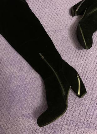 Ботфорти чоботи замшеві чорні на товстому підборі3 фото