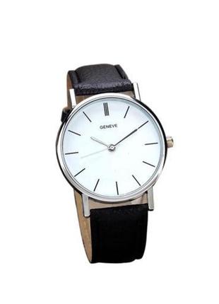 Мужские классические наручные часы “geneva business” с чёрным ремешком и белым циферблатом