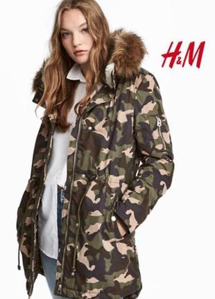 Куртка h&m парка камуфляж хаки тренд 2022 женская теплая куртка с мехом удлиненная2 фото