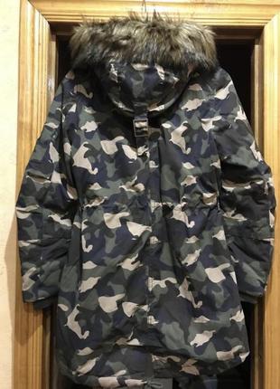 Куртка h&m парка камуфляж хаки тренд 2022 женская теплая куртка с мехом удлиненная6 фото