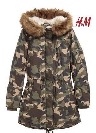 Куртка h&m парка камуфляж хаки тренд 2022 женская теплая куртка с мехом удлиненная4 фото
