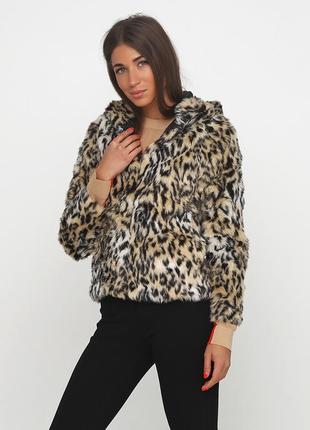 Шуба h&m с 32 рост 160-170 леопард с капюшоном деми