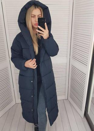 Aiza🌈🎉новинка🎉🌈пуховик теплий пальто кокон ковдра а521 блискавка кнопки синє синій синього кольору2 фото