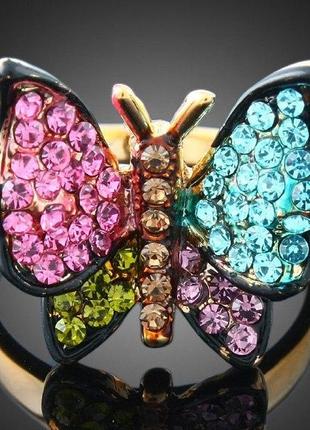 Кольцо бабочка ювелирная бижутерия с разноцветными камнями 16й размер1 фото