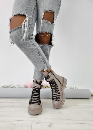 Зимние кожаные топовые ботинки с мехом натуральная кожа зима массивные сапоги со шнуровкой тренд бежевые беж капучино мокко берцы3 фото