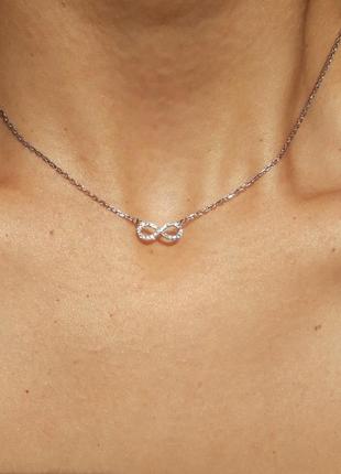 Комплект! цепочка и подвес. колье серебряное бесконечность с белыми камнями 925 проба