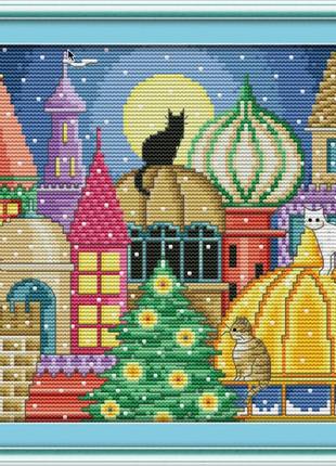 Набір для вишивання хрестиком за нанесеною на канву схемою "the cat city". aida 14ct printed, 30*25 см