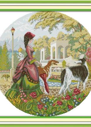 Набор для вышивания крестиком по нанесённой на канву схеме "lady and dog (2)" .  aida 14ct printed, 44*44 см