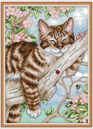 Набір для вишивання з нанесеним на канву схемою "a lazy cat on the tree". aida 14ct printed, 22*31 см