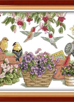 Набір для вишивання хрестиком з нанесеною на канву схемою "birds gather in garden".aida 14ct printed 54*30 см1 фото