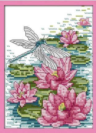 Набор для вышивания по нанесённой на канву схеме "dragonfly and lotus". aida 14ct printed, 16*20 см