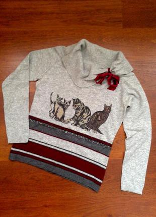 38-40р. вовняний джемпер-кофта з малюнком і стразами sempre