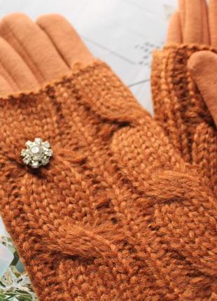 Жіночі кашемірові рукавички з в'язкою руді3 фото
