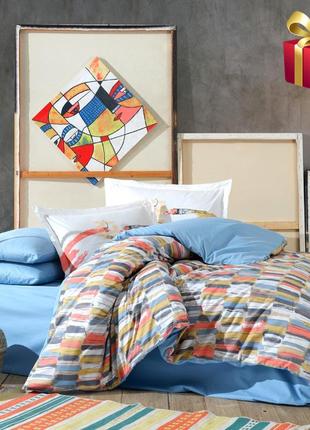 Комплект постельного белья двусторонний hobby poplin mikado 160x220 см голубой/горчичный1 фото