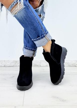 Зимові лофери сліпони черевики замшеві чорні на чорній підошві2 фото
