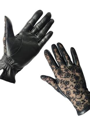 Кожаные женские черные перчатки без подкладки с гипюром1 фото