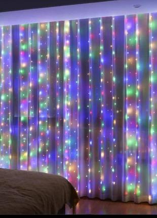 Led гірлянда штора 2х3м., (водоспад, краплі роси), різнобарвні вогники, 2×3 метри. освітлення без електроенергії!