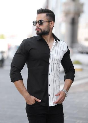 Чоловіча стильна сорочка рубашка у смужку чорна/біла стрейчкотон