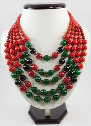 Эксклюзивное ожерелье "пятирядне",изысканное ожерелье из натуральных самоцветов,красно зеленые бусы