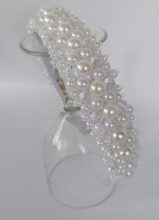 Жемчужный широкий обруч ободок для волос с хрустальными жемчужными бусинами свадебное...