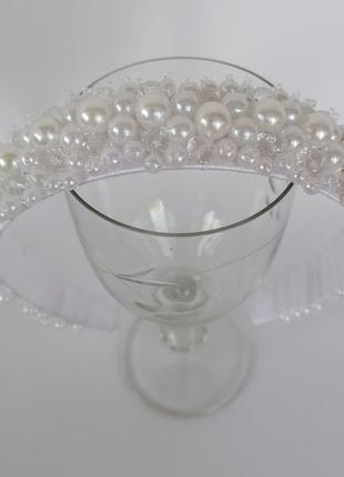 Жемчужный широкий обруч ободок для волос с хрустальными жемчужными бусинами свадебное...