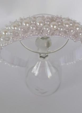Перловий широкий обруч обідок для волосся з кришталевими перловими намистинами весільна прикраса нареченої7 фото