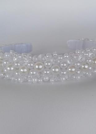 Жемчужный широкий обруч ободок для волос с хрустальными жемчужными бусинами свадебное...