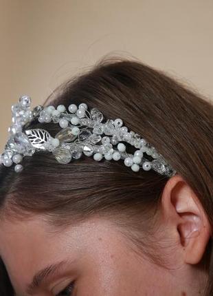 Белый двойной ободок обруч для волос с хрустальными бусинами веточка украшение для невесты свадебное на голову5 фото
