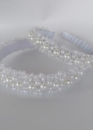 Перловий широкий обруч обідок для волосся з кришталевими перловими намистинами весільна прикраса нареченої9 фото