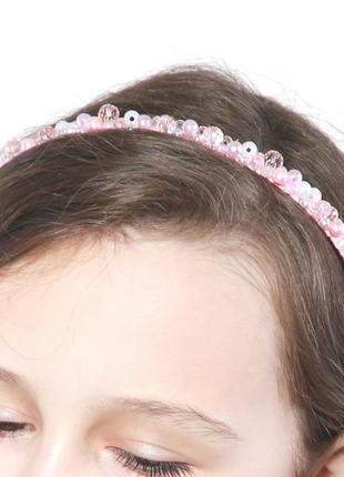 Рожево-білий обруч для волосся з кришталевими намистинами і перловими