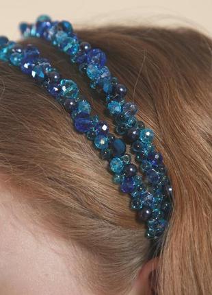 Синий двойной обруч для волос с хрустальными бусинами5 фото