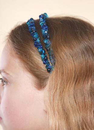 Синий двойной обруч для волос с хрустальными бусинами4 фото
