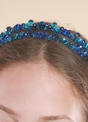 Синий двойной обруч для волос с хрустальными бусинами3 фото