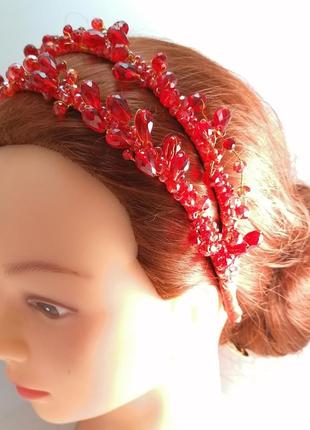 Червоний подвійний обруч обідок для волосся з кришталевими намистинами гілочка