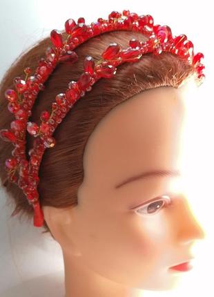 Червоний подвійний обруч обідок для волосся з кришталевими намистинами гілочка4 фото