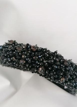 Черный широкий объемный высокий обруч ободок для волос с хрустальными бусинами...