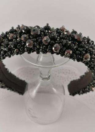 Черный широкий объемный высокий обруч ободок для волос с хрустальными бусинами...