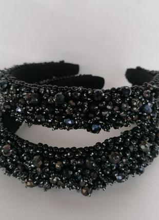 Черный широкий объемный высокий обруч ободок для волос с хрустальными бусинами...